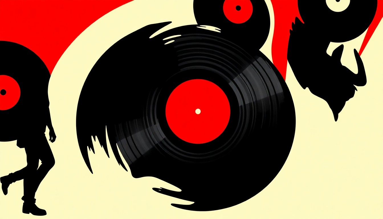 A minimalist, abstract illustration using bold black shapes and bright red and white colors to represent the vibrant culture of vinyl record collecting and independent music retail.