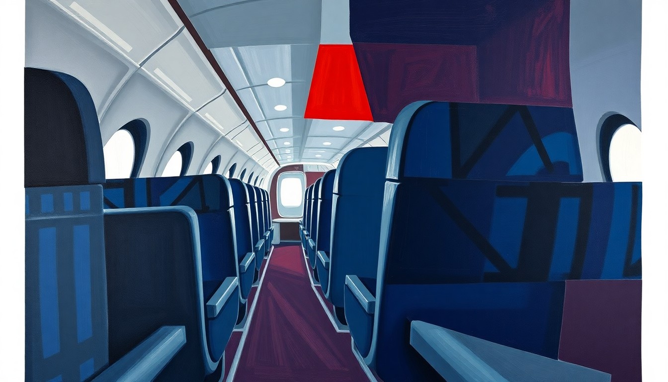 A cubist, geometric painting depicting the fragmented interior of an airplane cabin, with sharp planes of navy, grey, and red intersecting to create a sense of disruption and conflict.