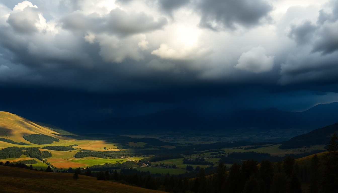 A vast, majestic landscape painting in muted tones of gray, blue, and green, depicting an ominous storm system moving over a rural valley, with the scale of the natural elements dwarfing any visible human structures or infrastructure.