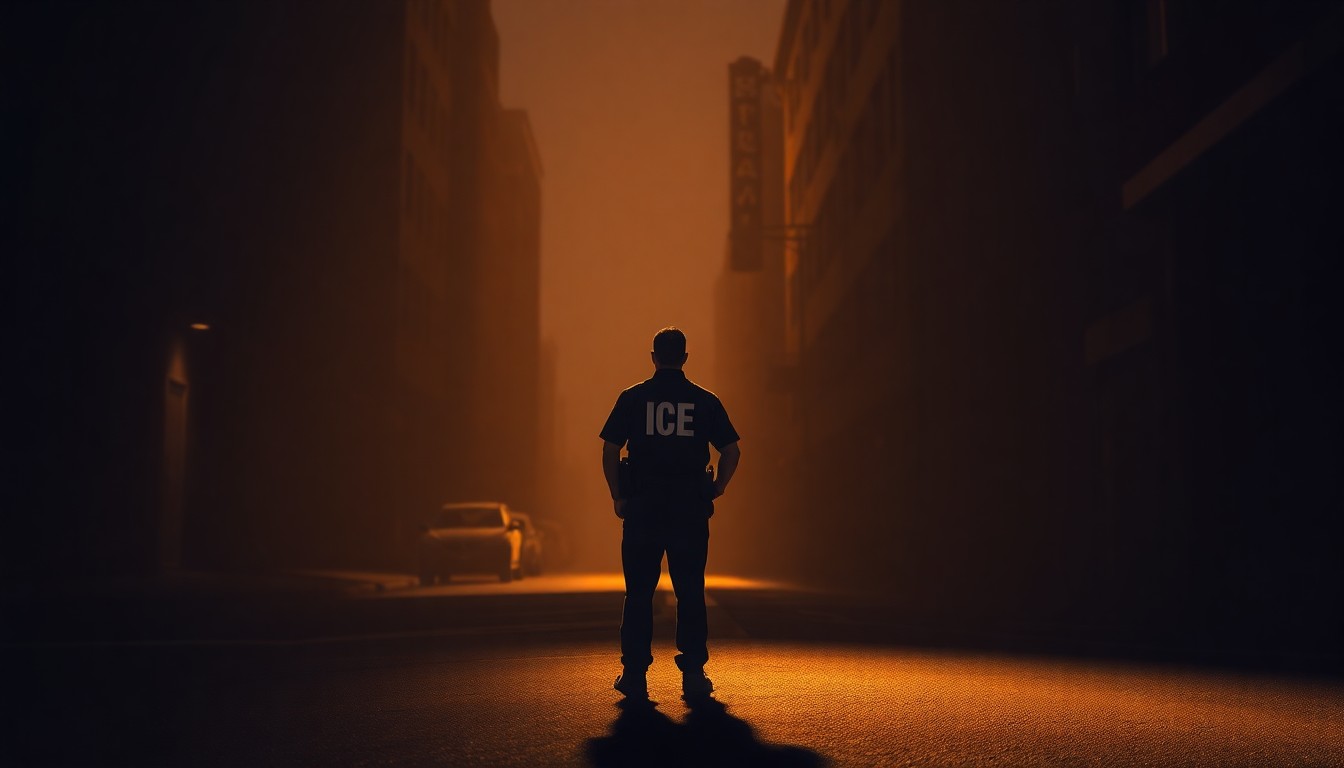 A moody, cinematic painting of a lone ICE agent standing on a shadowy urban street, conveying a sense of unease and tension in the aftermath of a controversial immigration enforcement operation.