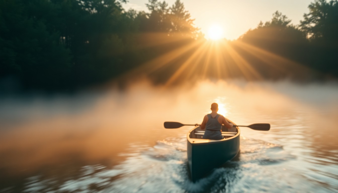 An extremely abstracted, out-of-focus photograph of a canoe floating on a river, with soft, warm pools of light and color creating a dreamlike, atmospheric scene.