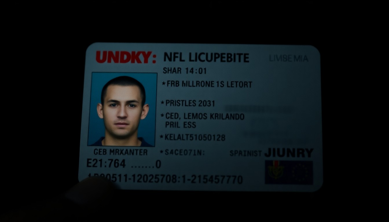 An extreme close-up photograph of a fake driver's license with the blurred face of an NFL player, conceptually representing the identity theft at the heart of this financial fraud case.