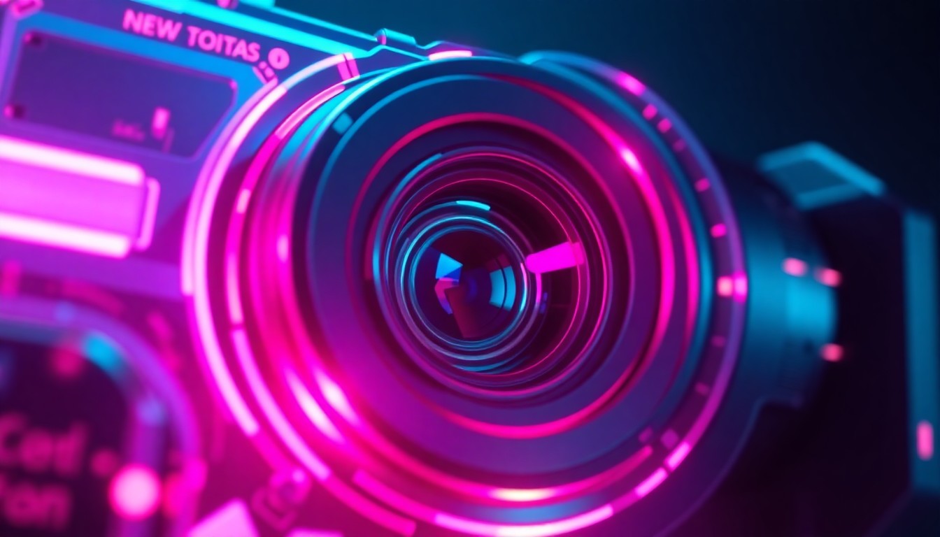 A highly detailed, glowing 3D illustration of a futuristic digital camera sensor and lens system, with intricate metallic components and vibrant neon lighting, conceptually representing the technological evolution of cinematography.