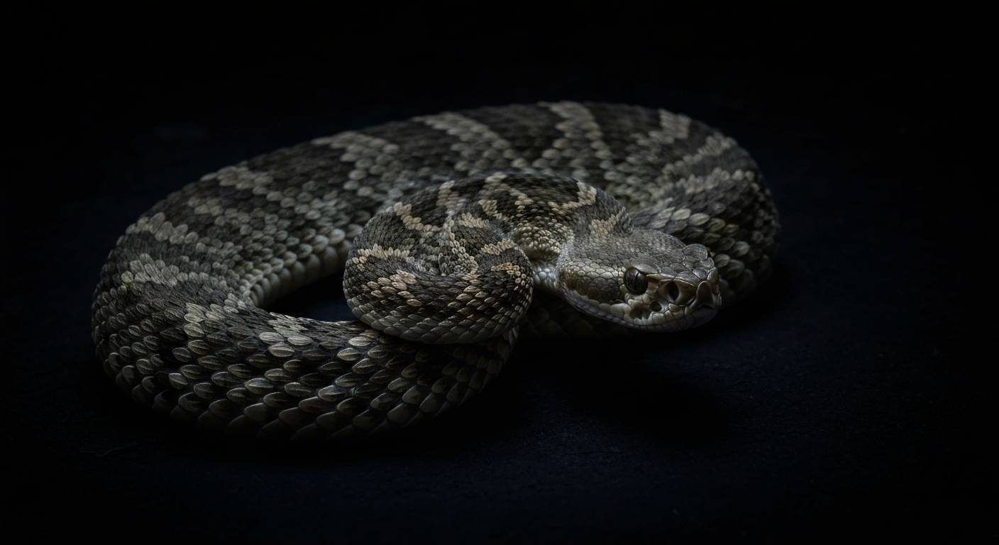 A minimalist neon outline of a coiled rattlesnake, its sinuous form glowing against a dark background, conveying the inherent danger and unpredictability of these reptiles as they emerge from their dens earlier due to warming temperatures.