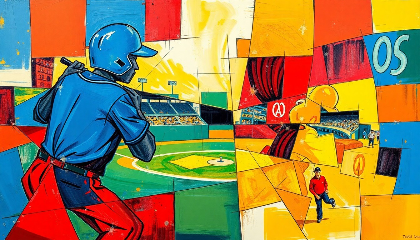 A fragmented, geometric painting depicting the dynamic motion of a baseball game, with sharp planes of color and overlapping shapes representing the intensity and unpredictability of a blockbuster trade.