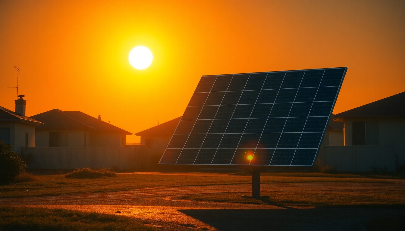 A serene, painterly image of a solar panel array casting long shadows across a residential neighborhood, conveying the tension between sustainable energy and local land use priorities.