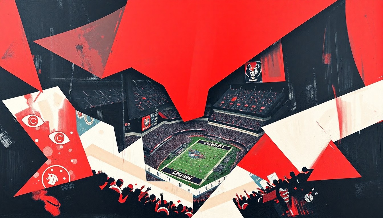 A fragmented, geometric painting in red, black, and white tones depicting the motion and energy of a football game, with overlapping shapes and planes representing the multiple running backs competing for the ball.
