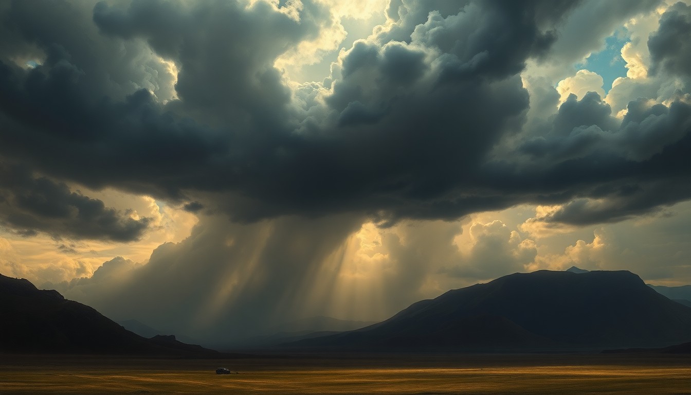 A sweeping, atmospheric landscape painting in muted tones of grey, blue, and green, with a dramatic, swirling sky dominating the scene. The composition uses deep perspective and dramatic lighting to convey the overwhelming power of an approaching severe weather event, dwarfing any small, indistinct structures or vehicles caught within the frame.
