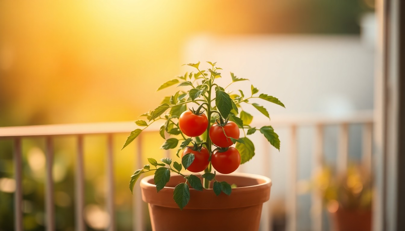 A blurred, atmospheric photograph of a lush green tomato plant in a terracotta pot, with the background softened into warm, colorful light, conceptually representing the benefits of starting tomatoes in containers for beginner gardeners.