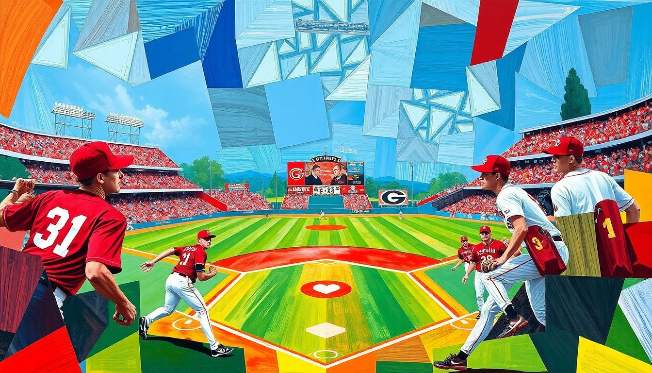 A cubist, geometric painting depicting the action of a college baseball game, with the players and field fragmented into sharp, overlapping planes of color representing the uniforms of the Arkansas Razorbacks and Georgia Bulldogs.