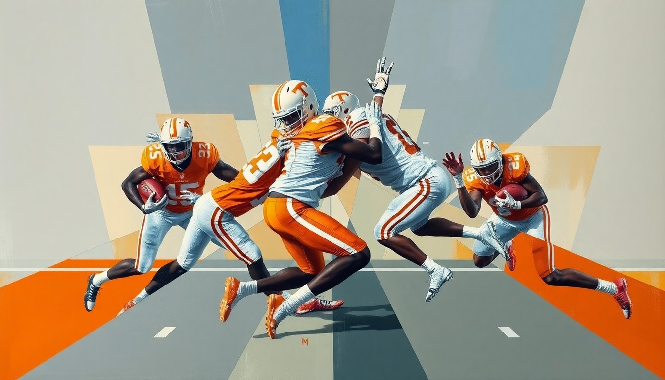 A fractured, multi-perspective painting depicting a Tennessee football defensive play, with the players and field broken down into sharp, overlapping geometric shapes and planes in a cubist style, conceptually representing the elite talent and potential of cornerback Jermod McCoy.