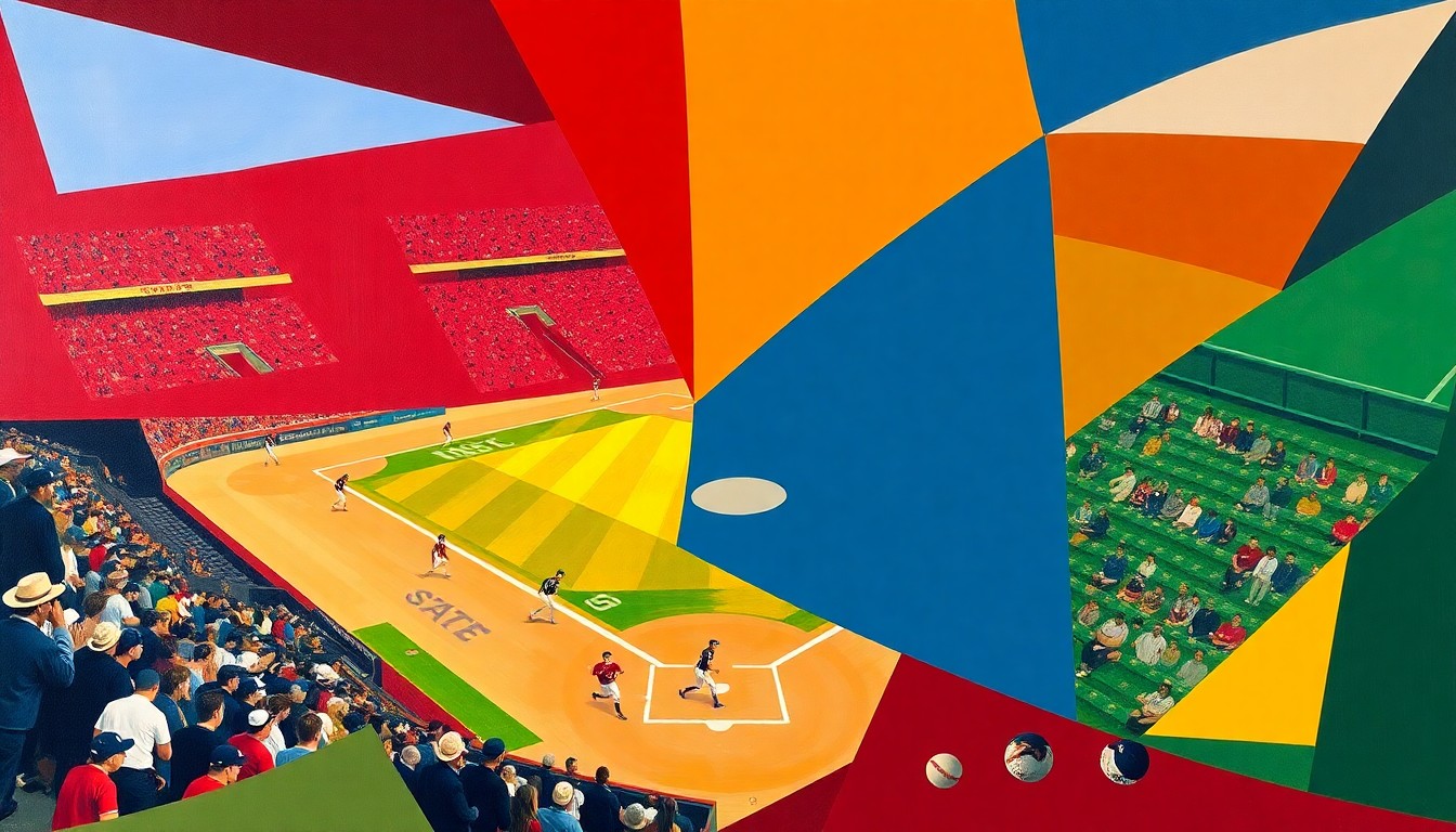 A fractured, cubist-style painting depicting a softball game, with the players, field, and crowd broken down into sharp, overlapping geometric shapes and planes in a vibrant color palette.