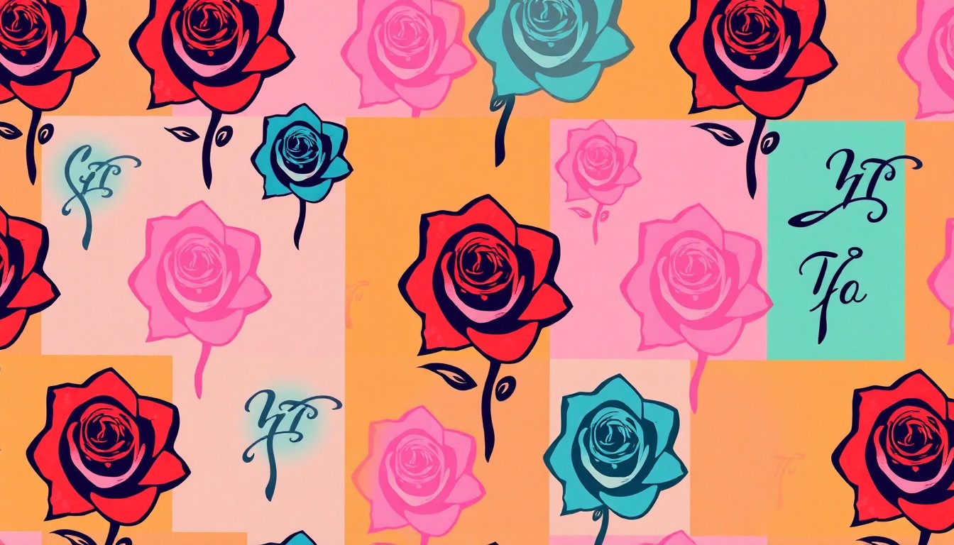 A vibrant, abstract silkscreen print featuring a repeated tattoo design in a grid pattern, using bold neon colors and heavy black outlines to capture the dynamic spirit of the tattoo convention.