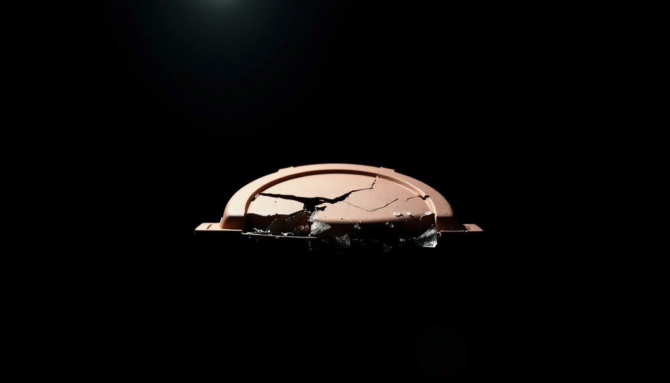 An extreme close-up photograph of a shattered picnic cooler lid against a pitch-black background, capturing the dramatic texture and material details of the damaged object to conceptually represent the violent incident at the center of this story.