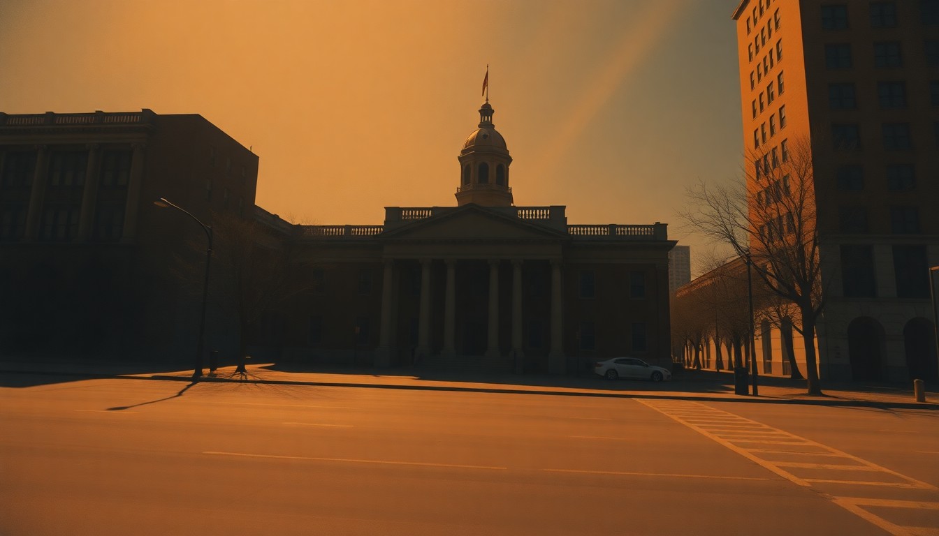 A serene, nostalgic painting of a municipal building in warm, golden light, conveying a sense of civic pride and community connection.