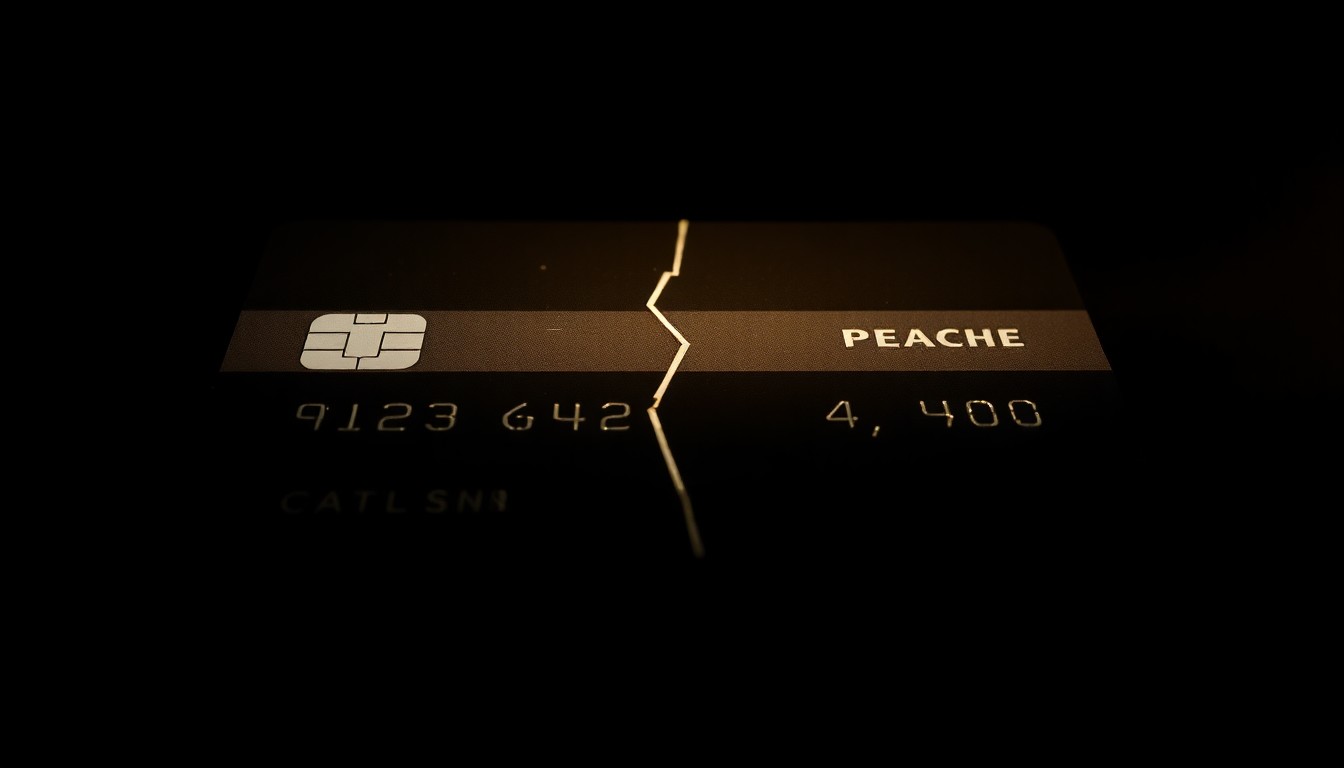 An extreme close-up of a damaged credit card reflecting a harsh, direct camera flash, conceptually representing the impact of financial fraud crimes.