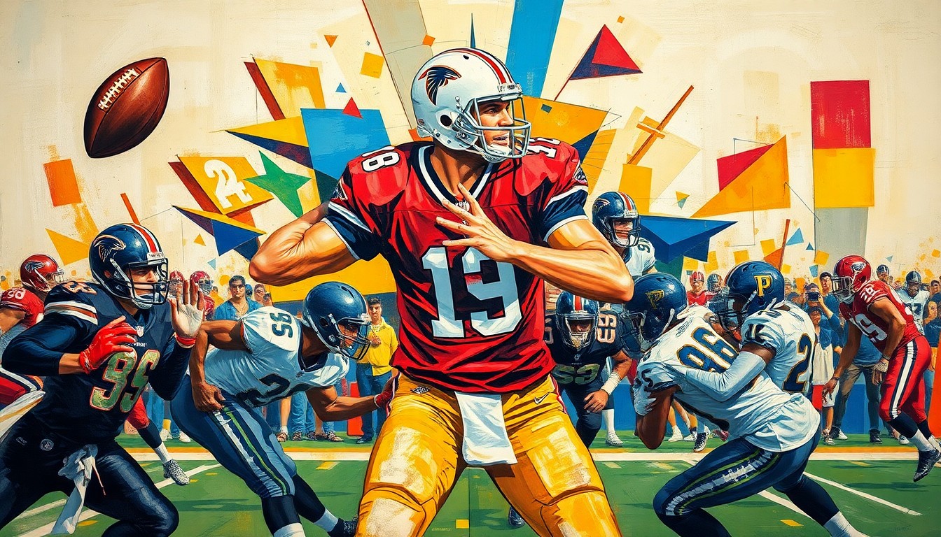 A fragmented, cubist-style painting depicting a quarterback in motion, with sharp, angular shapes and planes representing the multifaceted nature of evaluating the position for the NFL draft.