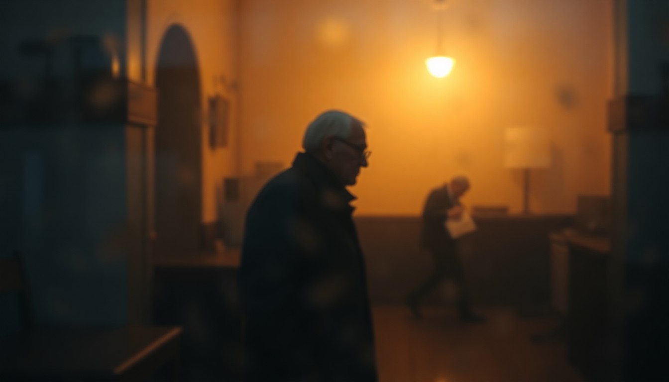 An extremely blurred, impressionistic photograph depicting a dimly lit interior scene with the silhouette of an elderly person, conveying the solemn and reflective mood of a Holocaust survivor's story.