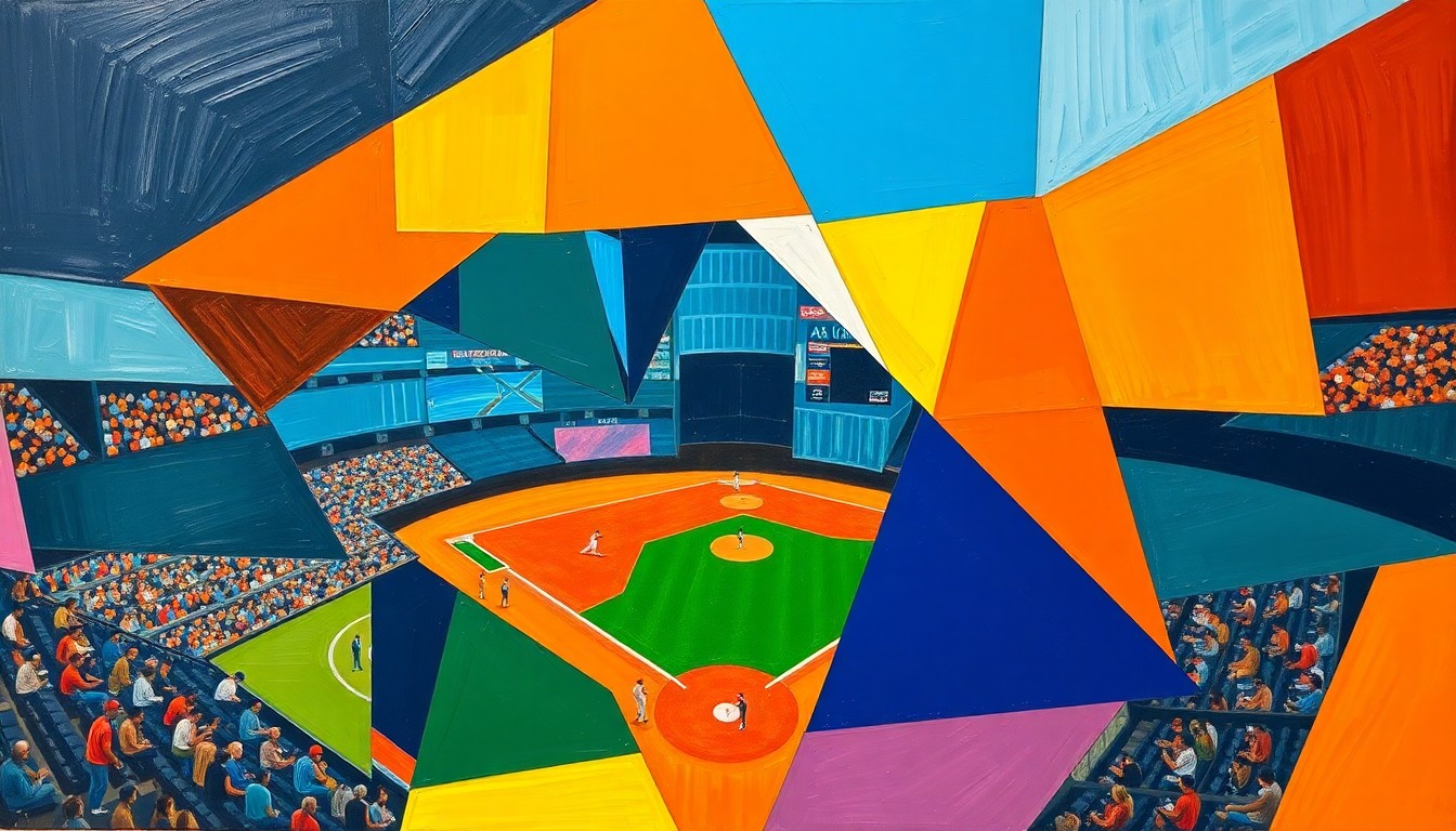 A cubist, geometric painting depicting a baseball game broken down into overlapping planes of navy, green, and orange, conveying the Brewers' unorthodox yet effective playing style.