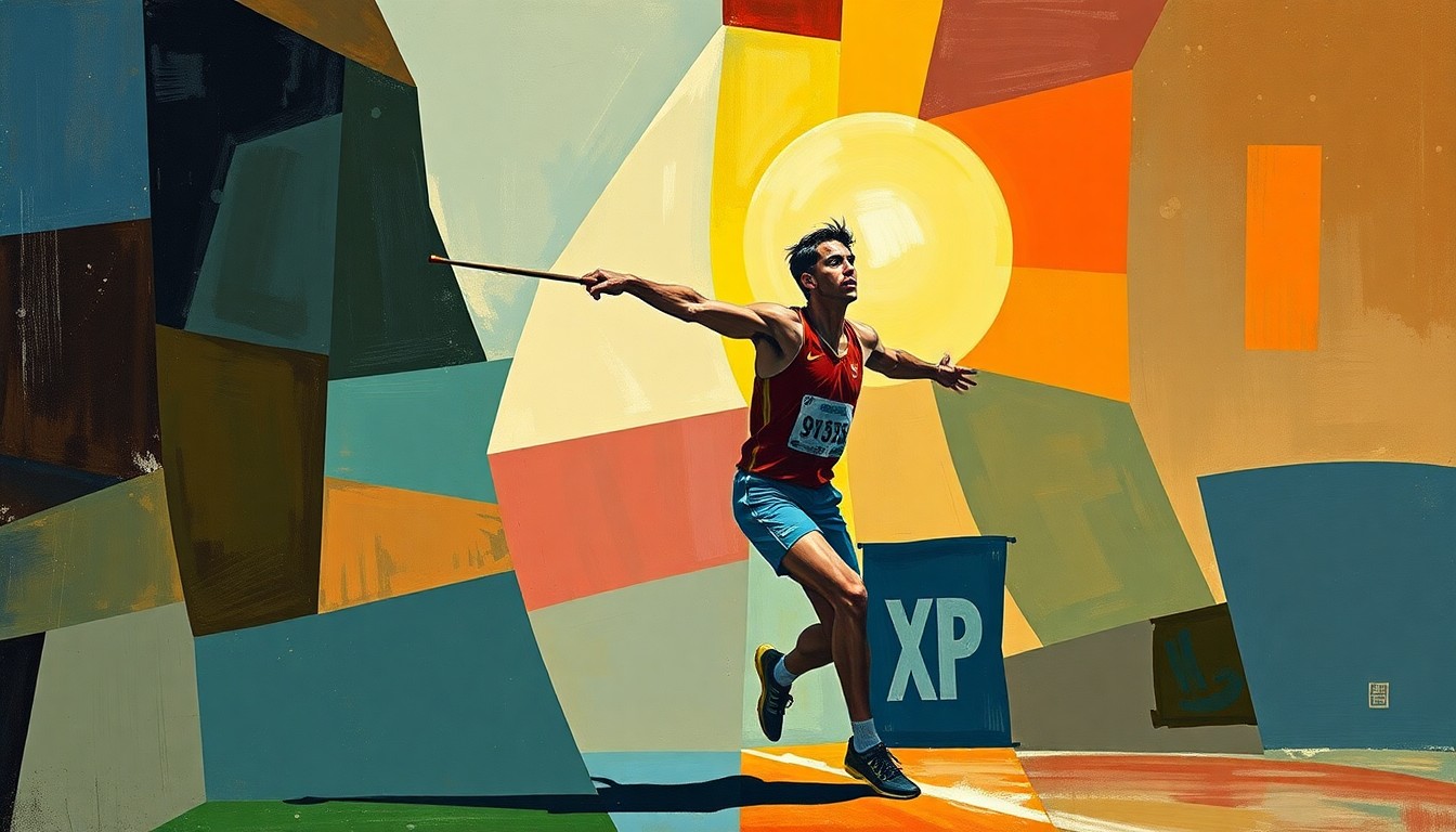 A cubist, geometric painting depicting the dynamic motion and energy of a discus or javelin throw, with sharp, overlapping planes of color and form.