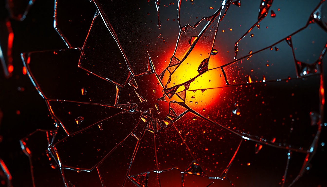 An extreme close-up photograph of shattered glass reflecting a warm amber light, conceptually representing the bittersweet emotions of heartbreak and celebration in a new song.