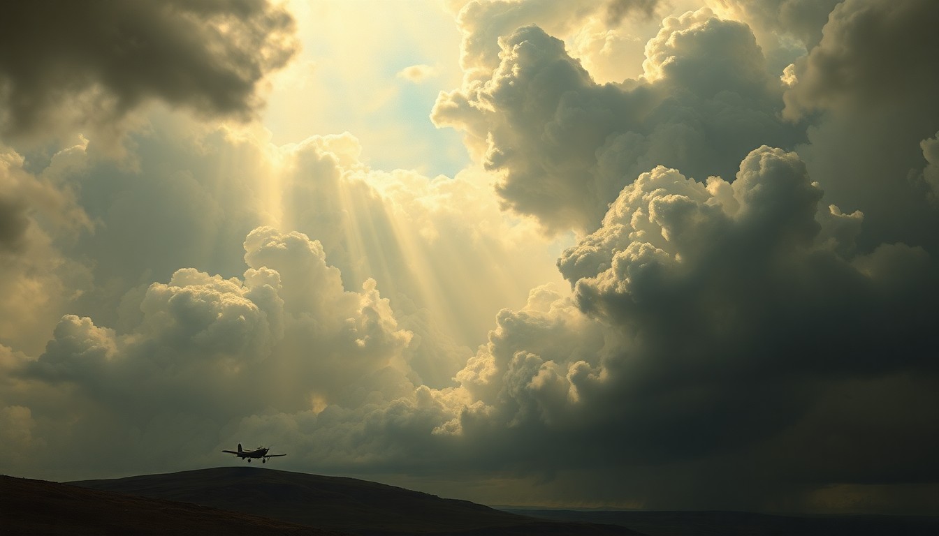 A sweeping, atmospheric landscape painting in muted tones of grey, blue, and green, with a small silhouetted plane barely visible against the dramatic, stormy sky, conceptually representing the overwhelming scale and power of the natural environment in the face of a small aircraft incident.