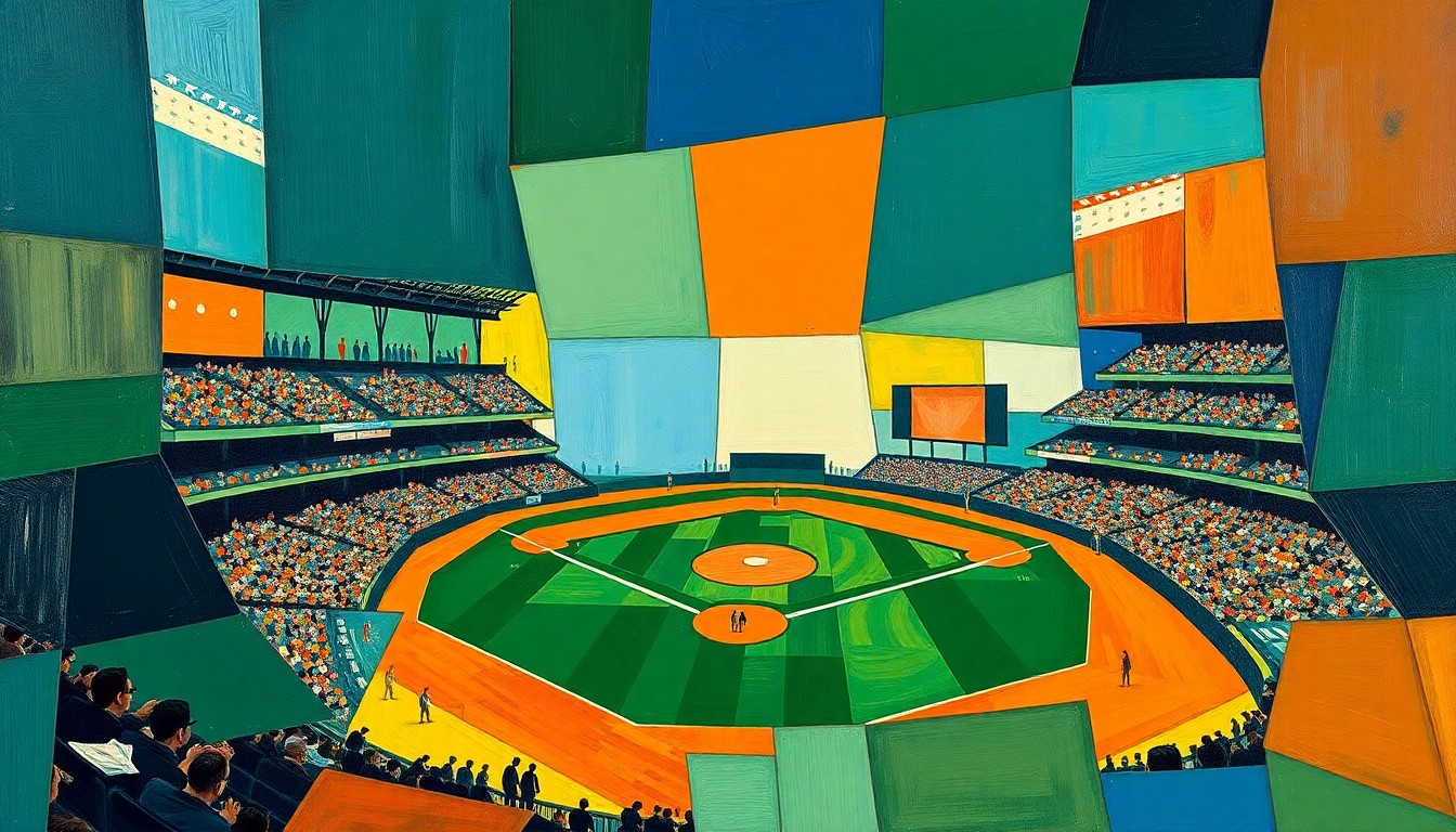A cubist, geometric painting depicting a fragmented baseball game, with sharp planes of navy, green, and orange overlapping to create a dynamic, abstract composition.