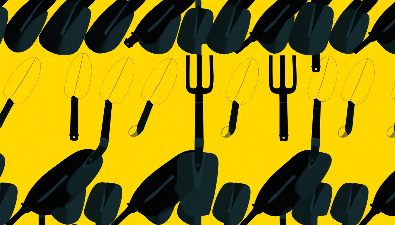 A brightly colored, high-contrast silkscreen print of a gardening trowel repeated in a tight grid pattern, conceptually representing the hands-on gardening activities of the 'Bring the Farm to You' program.