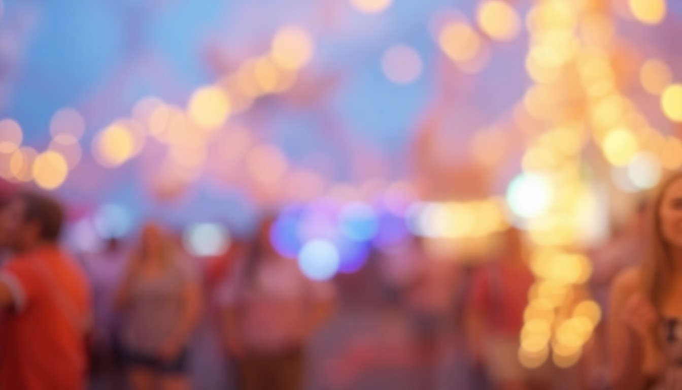 An abstract, impressionistic scene of blurred, colorful lights and shapes, conveying the festive energy and community spirit of an outdoor event.