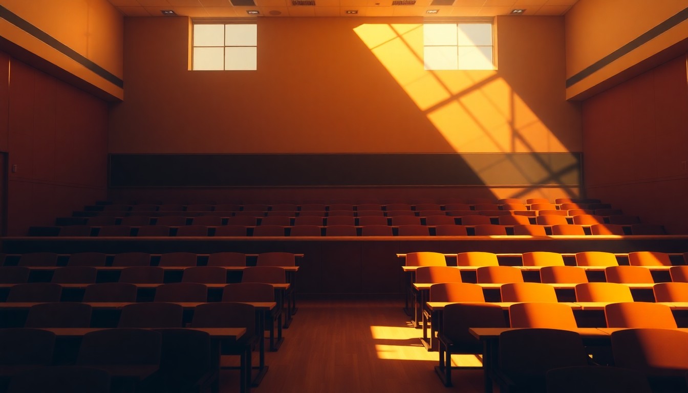 A dimly lit, cinematic painting of an empty college lecture hall with rows of desks and chairs, the space bathed in warm, diagonal sunlight and deep shadows, conceptually representing the political debate over immigrant access to higher education.