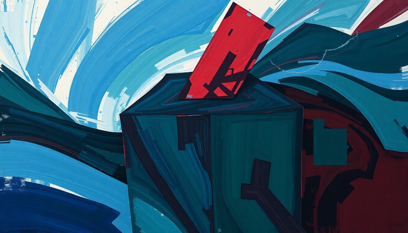 A vibrant, abstract painting featuring overlapping, geometric shapes in shades of blue, green, and red, conceptually representing the fast-paced and competitive nature of the congressional campaign season.