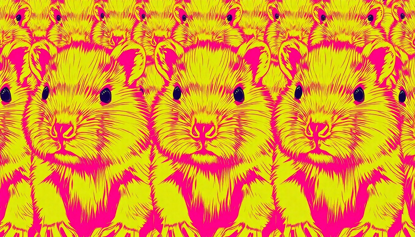 A vibrant, high-contrast silkscreen print featuring three capybara pups repeated in a grid, rendered in a bold, pop art style with bright neon colors and heavy black outlines.