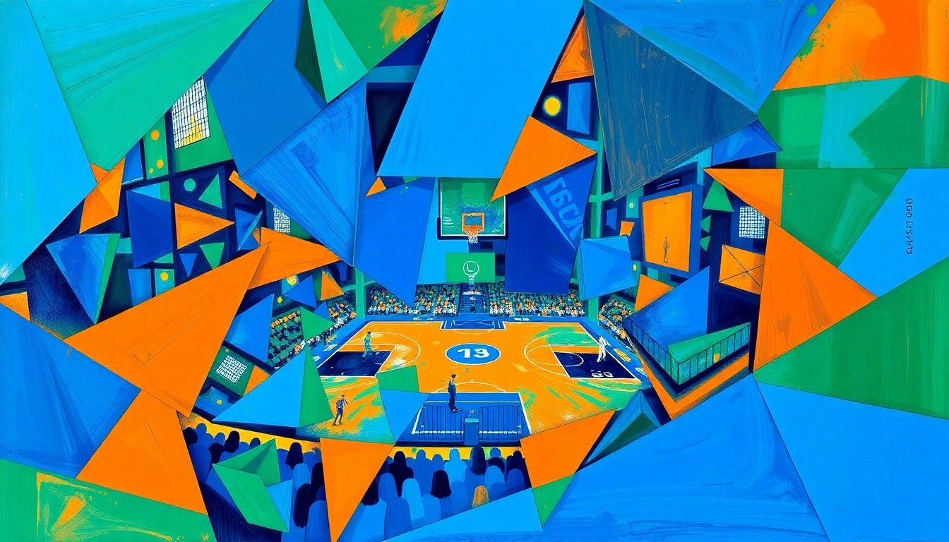 A fragmented, geometric painting depicting a basketball game or draft lottery, with sharp planes of color and overlapping shapes that create a dynamic, abstract composition.