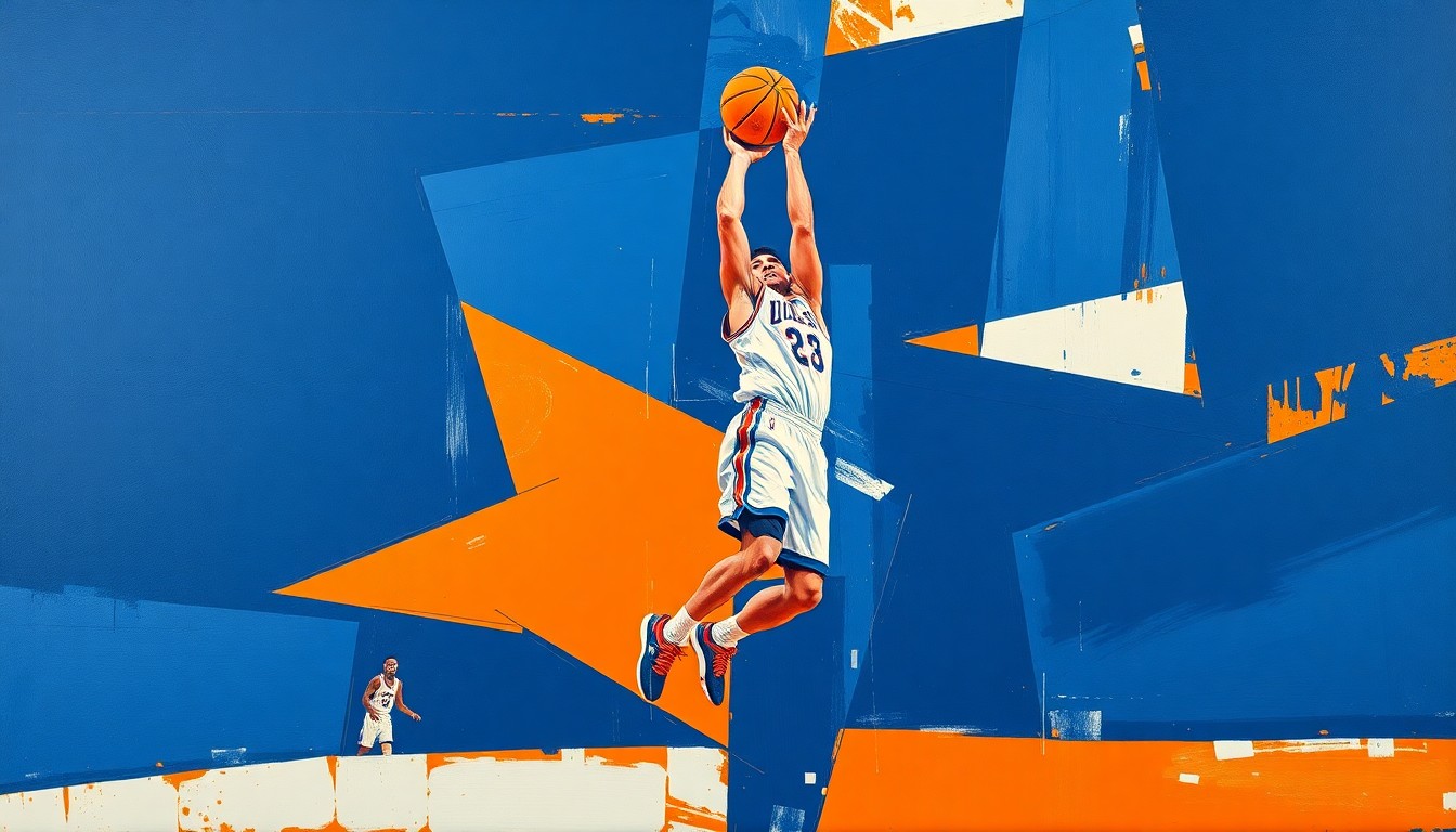 A cubist, geometric painting depicting a basketball player's jump shot broken down into sharp, overlapping planes of navy blue, orange, and white, conveying the dynamic energy and potential of the Illinois basketball program.