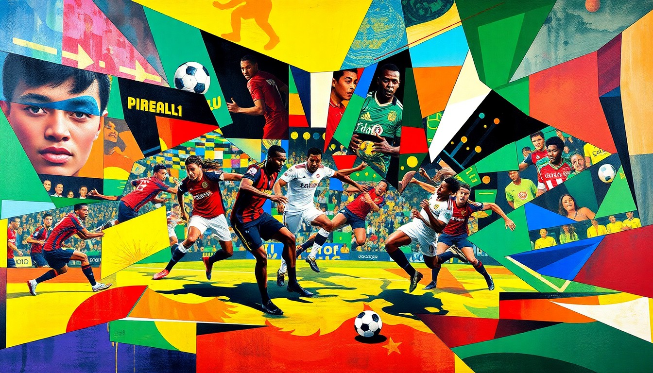 A fractured, geometric painting depicting the movements and energy of a soccer match between two teams, with sharp, overlapping shapes and vibrant colors expressing the dynamism of the game.