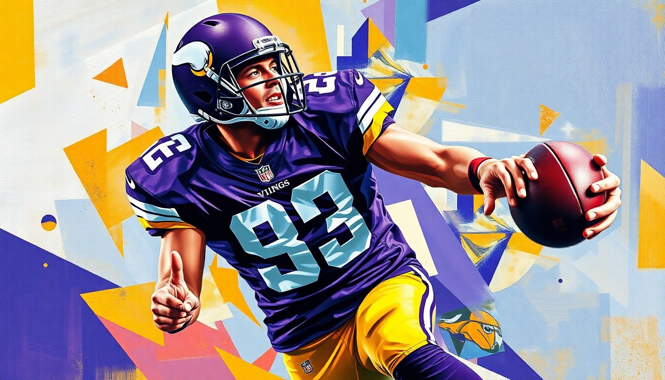 A fragmented, geometric painting depicting a football player in mid-catch, the player's form broken down into overlapping planes of purple, gold, and other vibrant colors, creating a dynamic, abstract representation of the sport's physicality.