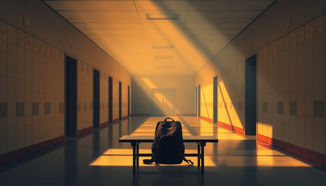 A serene, cinematic painting of an empty high school hallway, with a single student's backpack left behind on a bench, conveying a sense of unease and the aftermath of a disrupted school day.