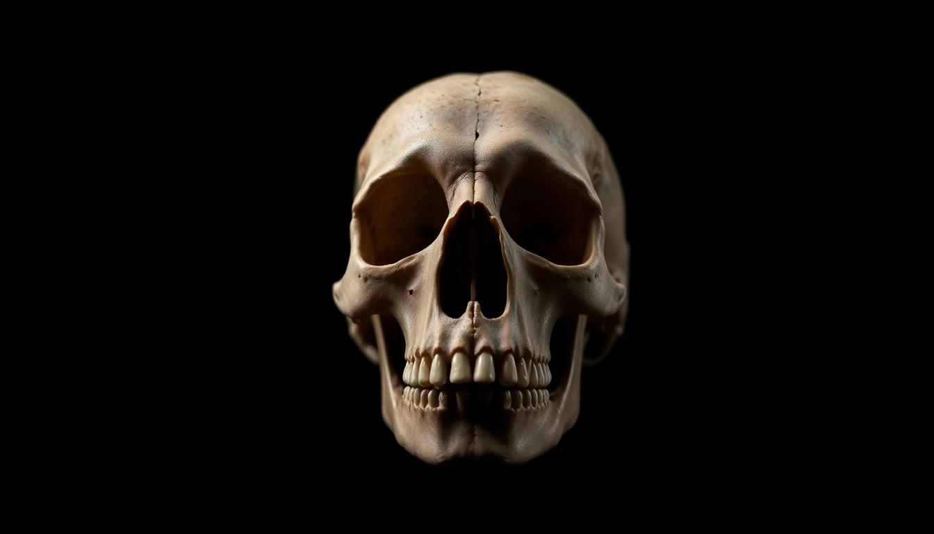 An extreme close-up photograph of a human skull fragment or bone against a pitch-black background, lit by a harsh, direct camera flash, conceptually illustrating the disturbing discovery of stolen skeletal remains from local gravesites.