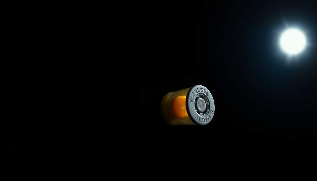 An extreme close-up photograph of a spent 357 magnum cartridge shell, capturing the gritty, investigative aesthetic of a crime scene with dramatic lighting and a stark, black background.