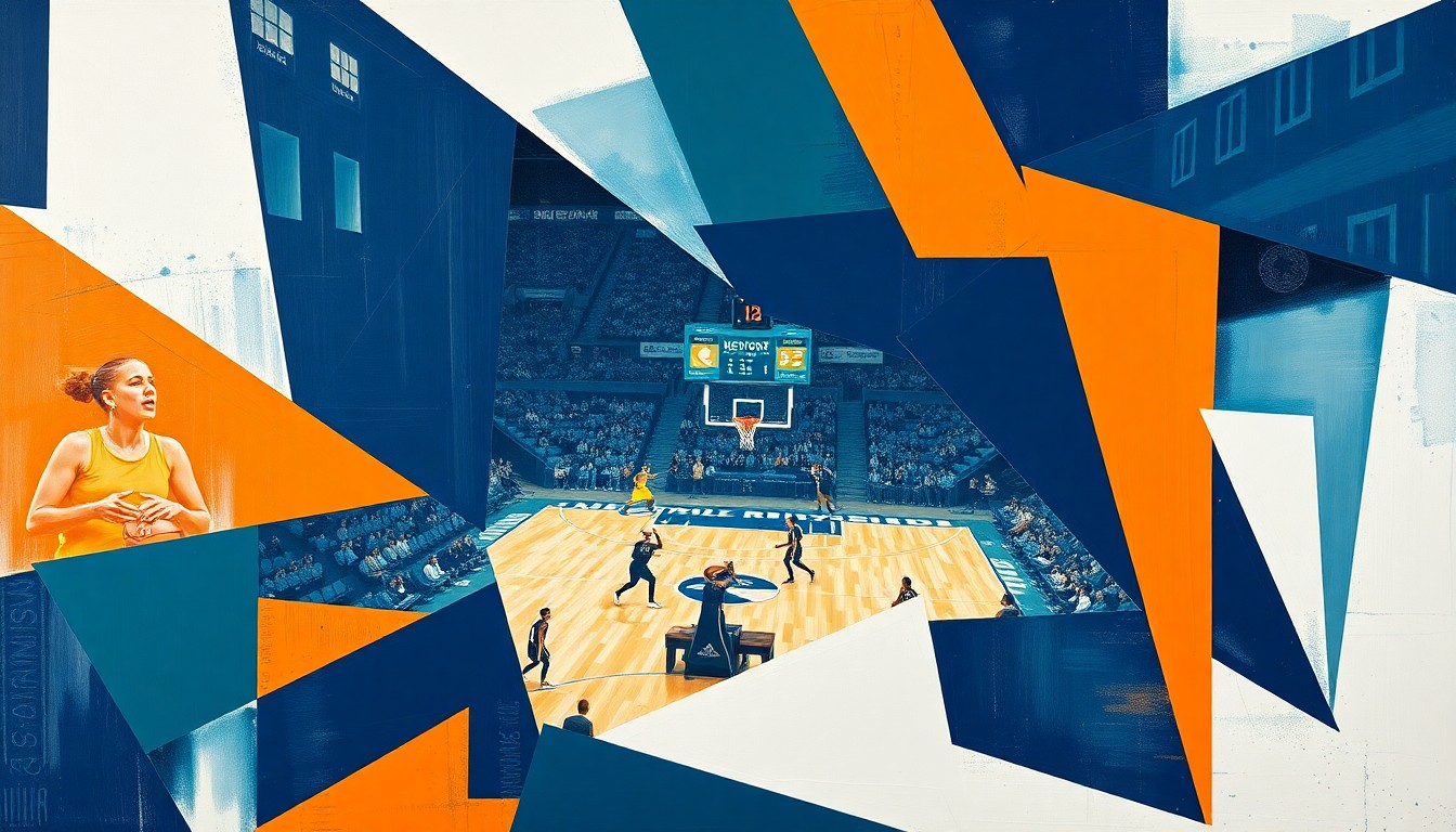 A cubist, geometric painting depicting fragmented basketball players and a ball in the Liberty's team colors of navy, orange, and white, conceptually representing the team's dynamic and multifaceted playing style.