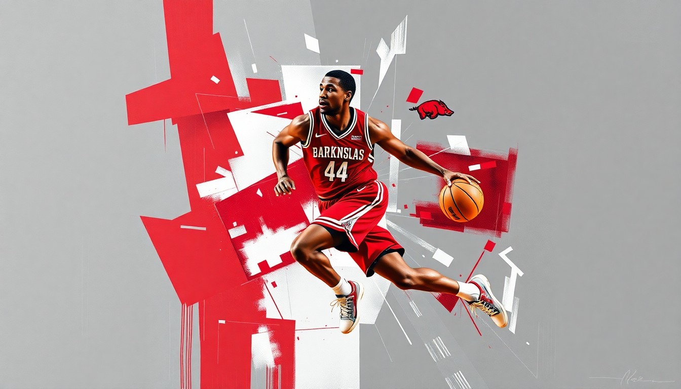 A fractured, cubist-style painting depicting a basketball player in motion, broken down into sharp, overlapping geometric shapes in the colors of the University of Arkansas' team palette.