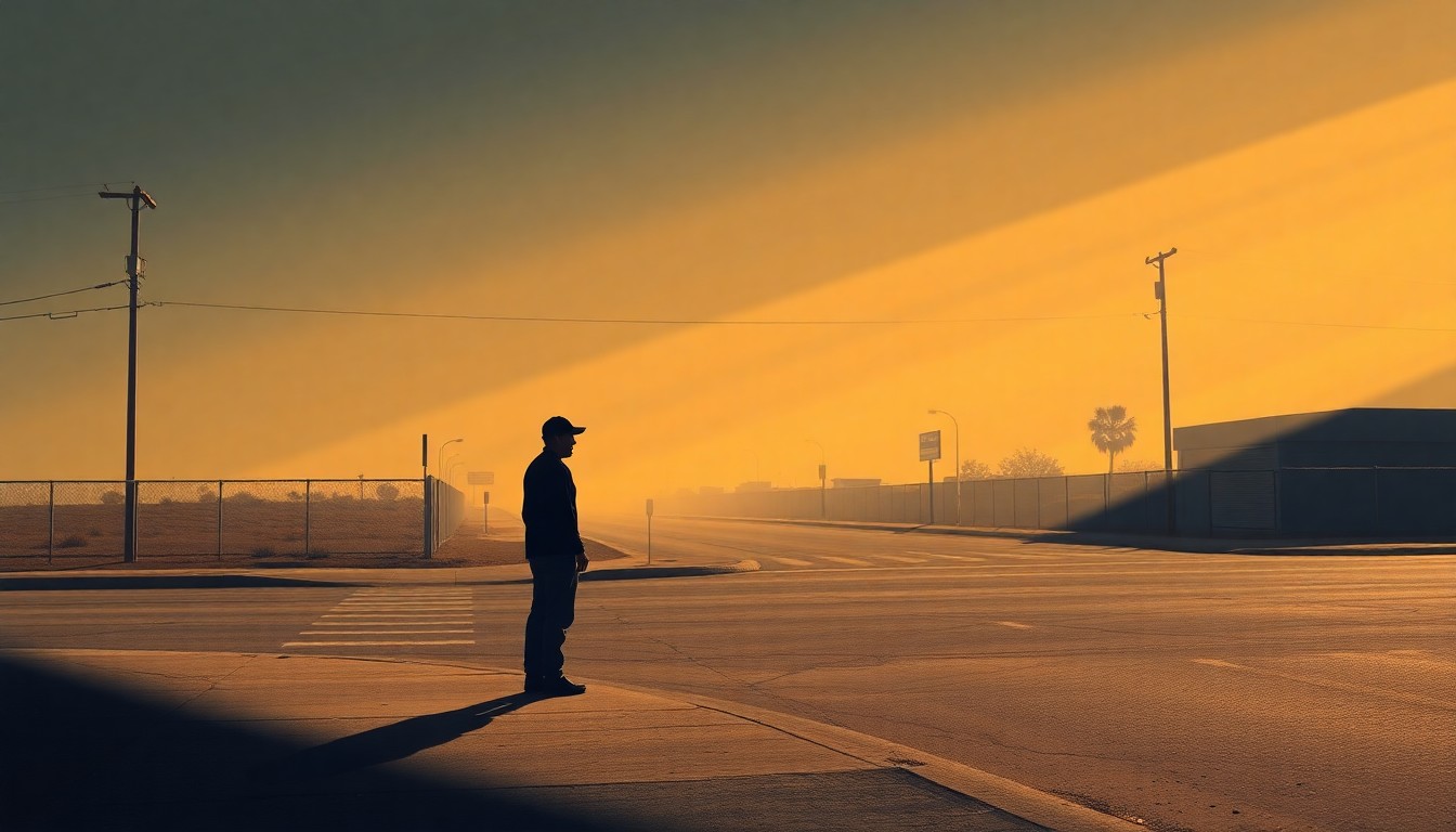 A moody, cinematic painting of a lone figure standing on a deserted urban street corner, the warm light casting deep shadows and creating a sense of isolation and melancholy, conceptually representing the plight of migrant families detained at the remote Dilley detention center.