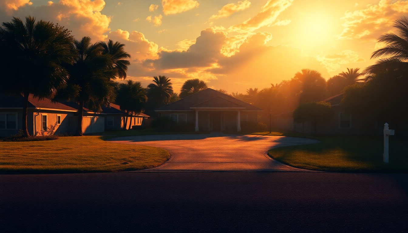 A serene, cinematic painting of a single-story house in a residential neighborhood, with warm sunlight casting long shadows across the scene, conveying the quiet contemplation and unresolved tensions surrounding property tax policy in Florida.