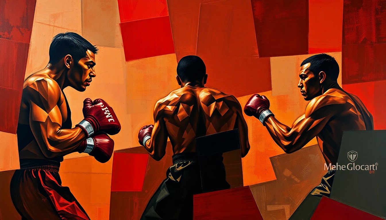 A fragmented, geometric painting depicting a boxing match or training session, with sharp planes of deep red, brown, and black colors representing the raw energy and movement of the sport.