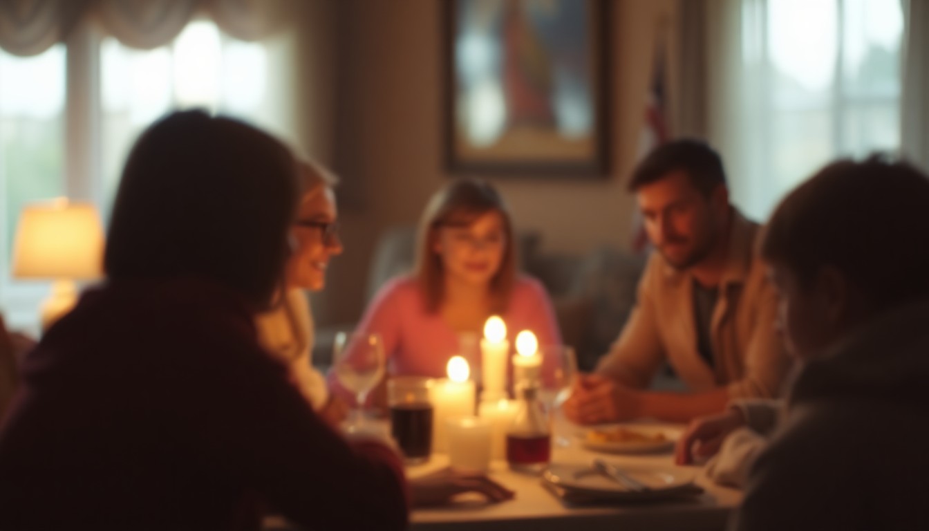 An abstract, impressionistic photograph in soft, warm tones, capturing the essence of a close-knit family gathering with blurred figures and a sense of intimacy and nostalgia.