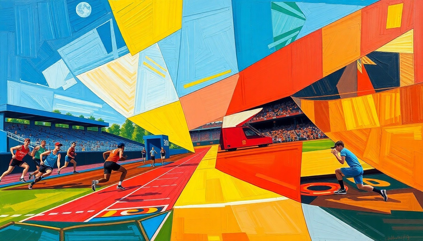 A cubist-style painting featuring overlapping geometric shapes and planes in vibrant colors, conceptually representing the motion and intensity of a high school sporting event.