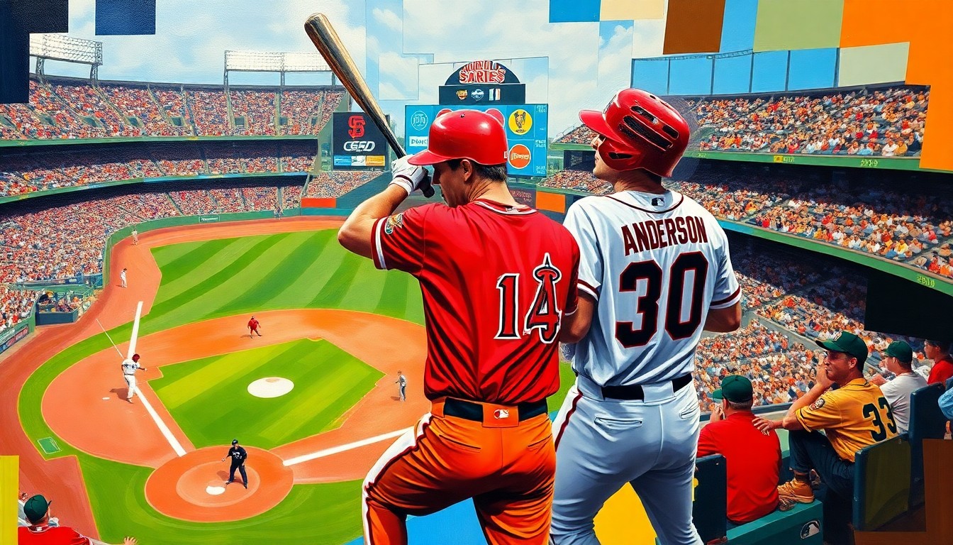 A fractured, multi-perspective painting depicting a key baseball moment, with vibrant colors and sharp, overlapping geometric shapes representing the energy and drama of the 2002 World Series.