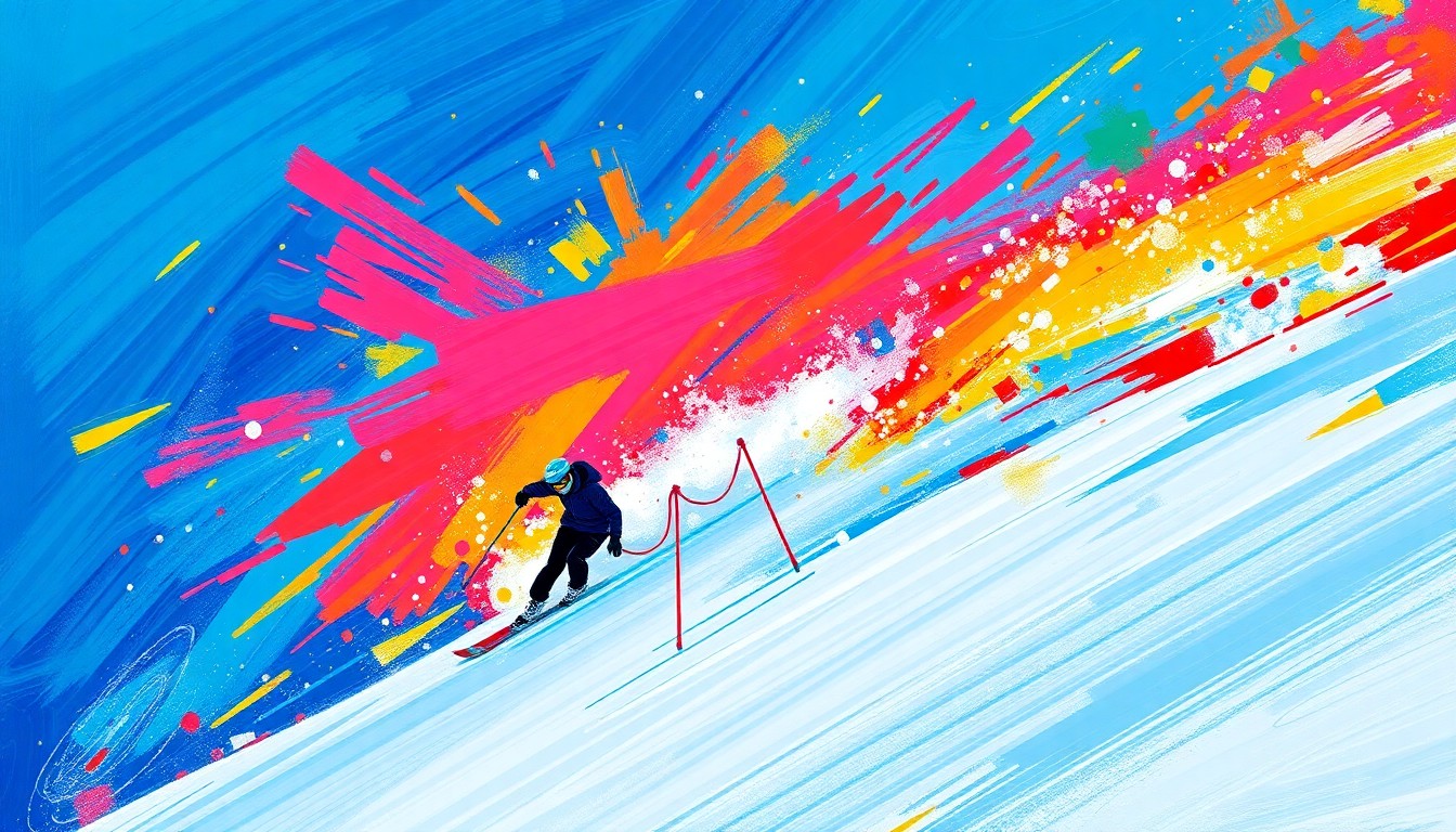 An abstract, energetic painting in neon colors depicting the dynamic motion of skiers carving down a snowy mountain slope, conceptually representing the unexpected late-season reopening of Heavenly Mountain Resort.