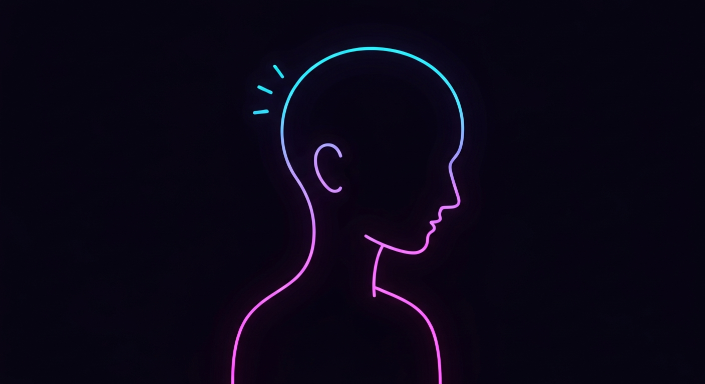 A minimalist illustration of a person's head and shoulders defined by glowing, vibrant neon lines against a dark background, conceptually representing the process of mental spring cleaning and rejuvenation.