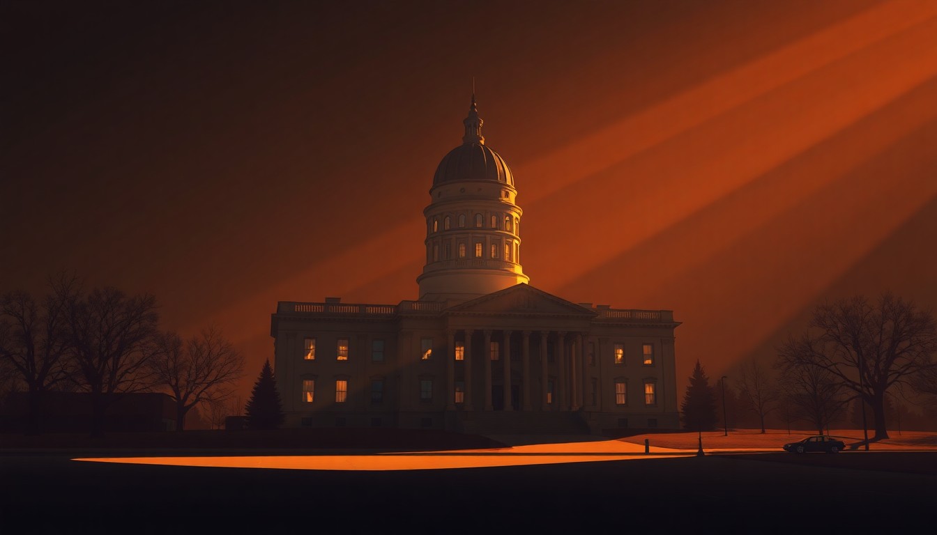 A serene, cinematic painting of the Nebraska state capitol building, with warm sunlight casting long shadows across the structure's classical architecture.